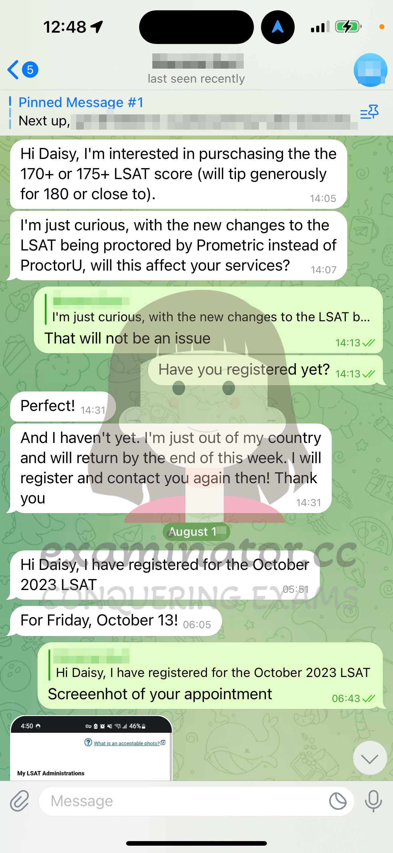 screenshot of chat logs for LSAT Cheating success story #592