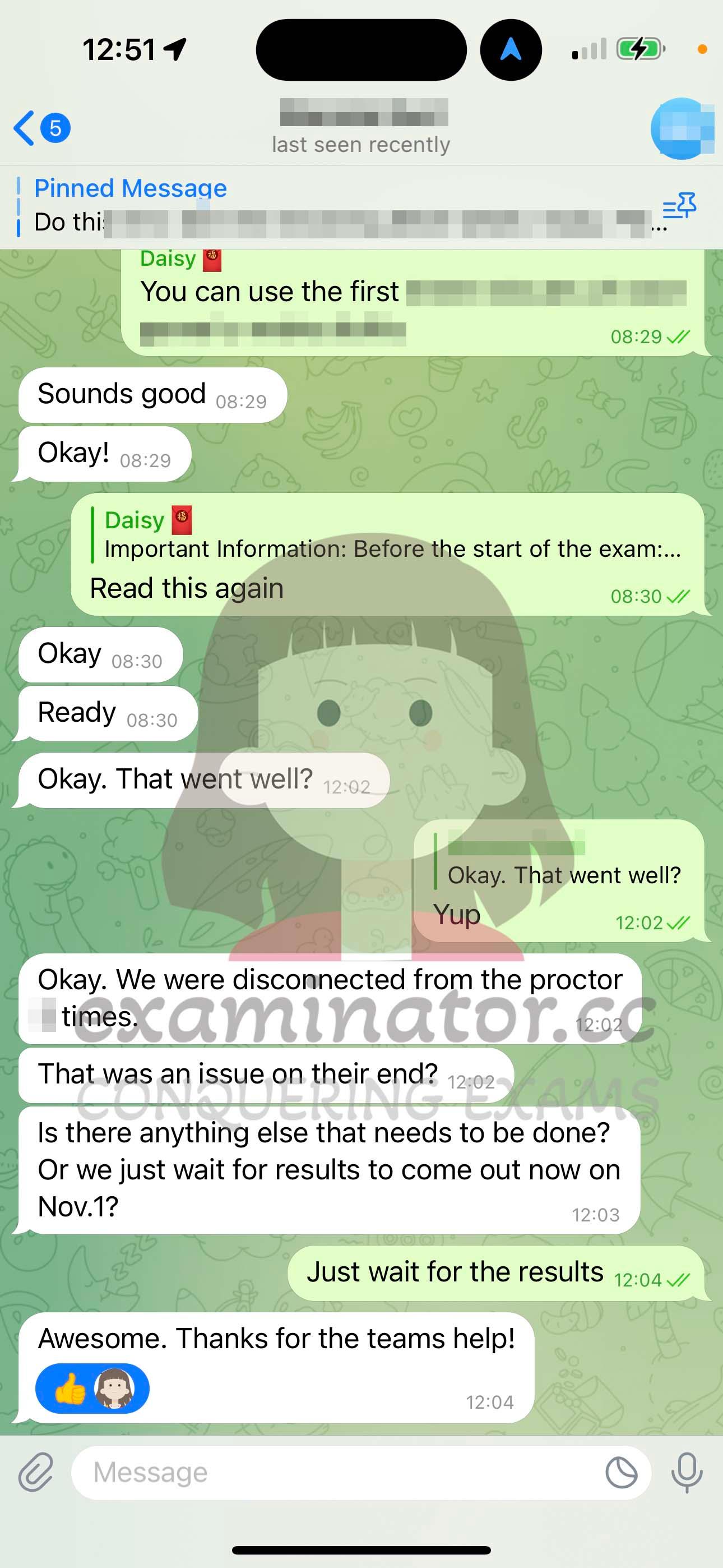 screenshot of chat logs for LSAT Cheating success story #592