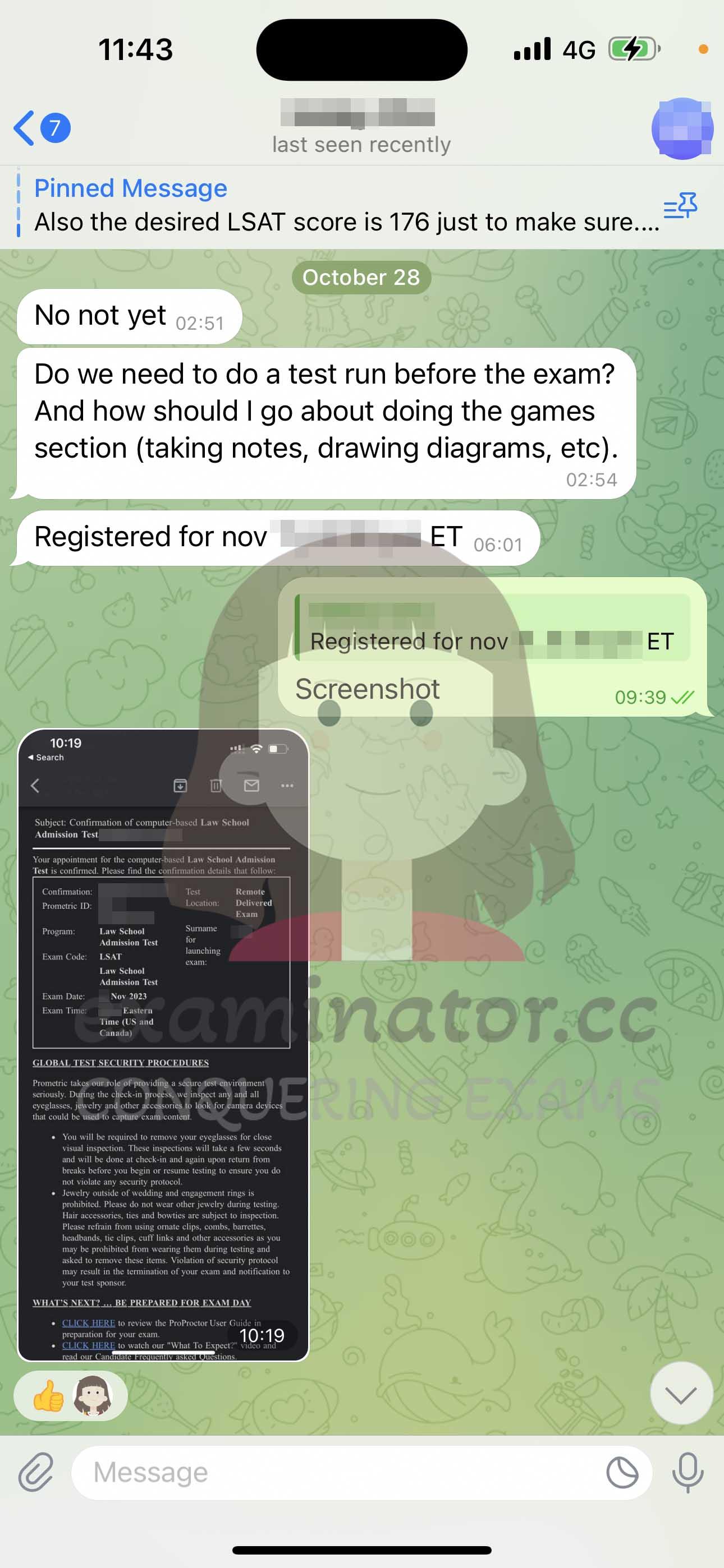 screenshot of chat logs for LSAT Cheating success story #598